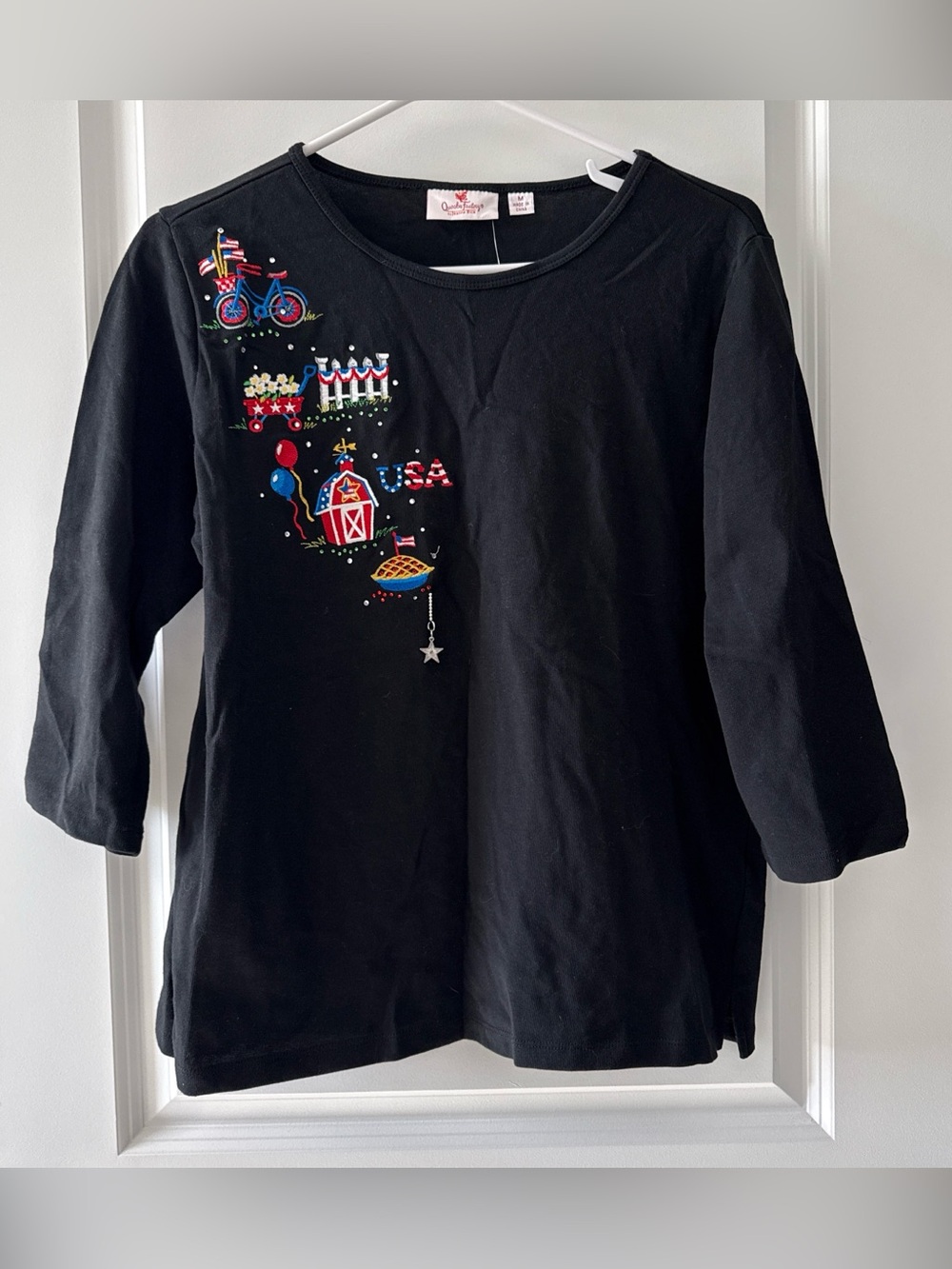 Quacker Factory Black Long Sleeve Tee with Patriotic Embroidery